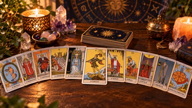 Onze Arcanos Maiores do tarot em leque sobre uma mesa de madeira, com velas e cristais