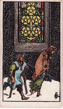 Carta Cinco de Ouros do Tarot (baralho Rider-Waite)