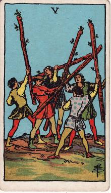 Carta Cinco de Paus do Tarot (baralho Rider-Waite)