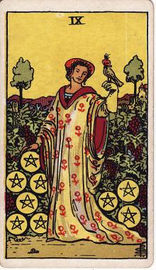 Carta Nove de Ouros do Tarot (baralho Rider-Waite)