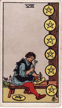 Carta Oito de Ouros do Tarot (baralho Rider-Waite)