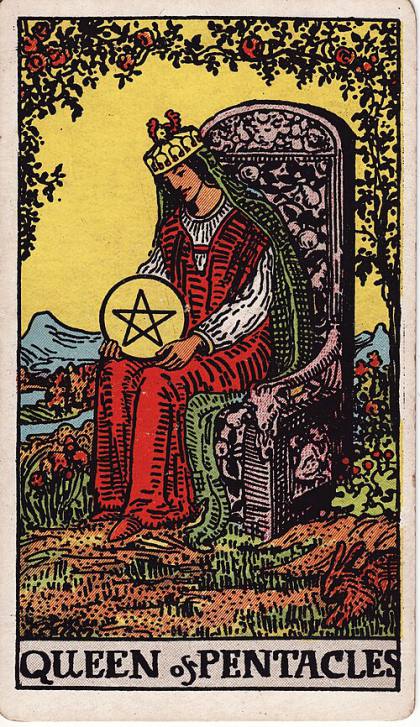 Carta Rainha de Ouros do Tarot (baralho Rider-Waite)