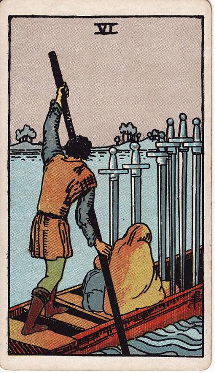 Carta Seis de Espadas do Tarot (baralho Rider-Waite)