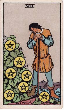 Carta Sete de Ouros do Tarot (baralho Rider-Waite)