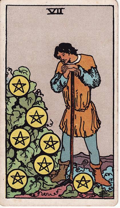 Carta Sete de Ouros do Tarot (baralho Rider-Waite)