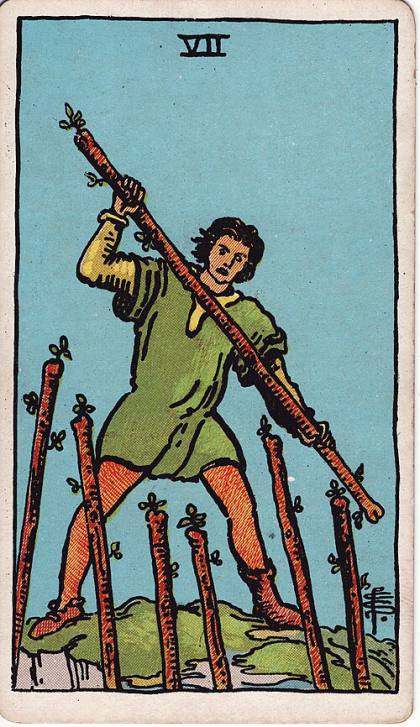 Carta Sete de Paus do Tarot (baralho Rider-Waite)